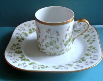 Swedish vintage 1960s Hackefors porcelain fabric bone white coffe-cup with plate/ assiette and Sweden Småland Landscape Linea Flower decor
