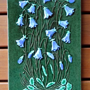 Swedish vintage 1960s larger rectangular jie Gantofta ceramic wall plaque with Bluebell flower motive, design by Aimo