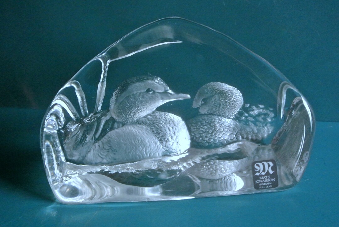 Mats Jonasson Crystal Glass Block: Engraved Duck Motif, Swedish