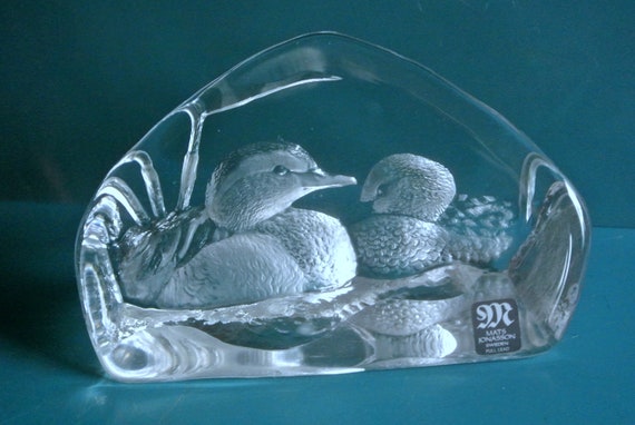 Mats Jonasson Crystal Glass Block: Engraved Duck Motif, Swedish