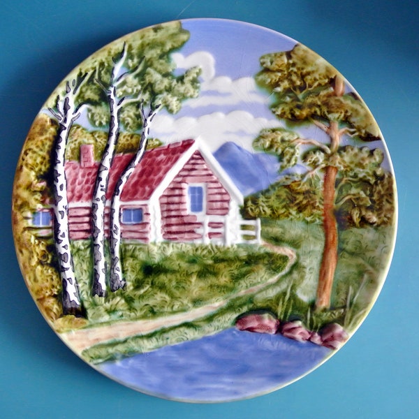 Vintage 1950s larger round Germany Schramberg handgemalt majolica porcelain multicolor red cottage/ white birch bark tree motive wall plaque