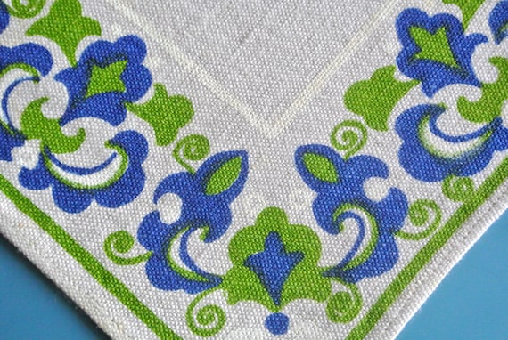 Swedish vintage 1970s printed linenprepared cotton tablet tablecloth with yellowbeigegreen design flower circle motive on limegreen bottom