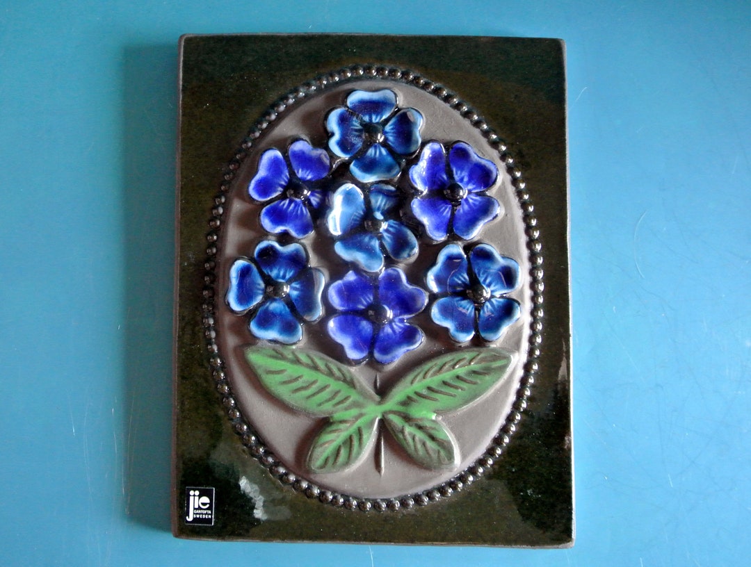 Vintage 1960s Jie Gantofta Ceramic Wall Plaque: Blue Flower Design