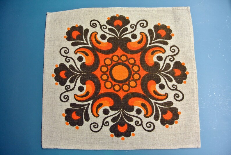 Swedish vintage 1960s printed linen BoWa design tablet tablecloth with orange red brown Kurbits motive on light beige bottomcolor