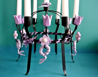 Vintage Swedish Black Iron Candleholder: TOARP-Crown with Wood Tulip Decor