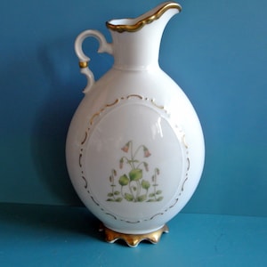 Swedish vintage 1980s highquality Hackefors porcelain fabric white vase jar with Linea flower decor decor, handle and gold edges