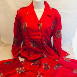 Vintage silk pajamas pants and top button down ruby red size small set gift box 80s image 1