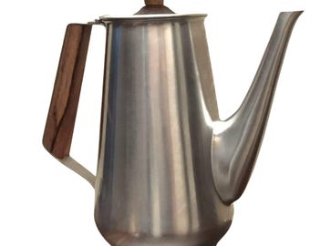 Vintage 1950s Tea Pot Rogers Insilco Stainless Teak Handle Mid Century