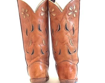 Schoenen damesschoenen Laarzen Cowboy & Westernlaarzen Vintage jaren 70 Capezio West lederen bloem ingelegde cowboy western laarzen maat 5,5 