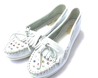 Size 7 white leather moccasins rhinestones new old stock never worn comfort walking