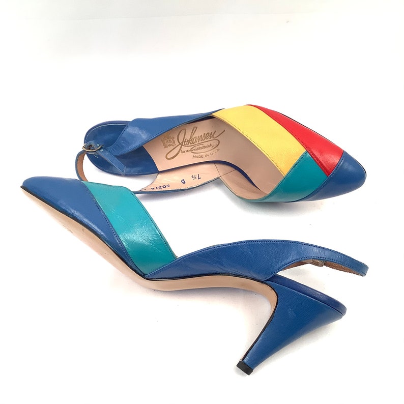 Color block pumps Johansen Leather shoes Multi Color Vintage Size 7.5 New Old Stock image 2