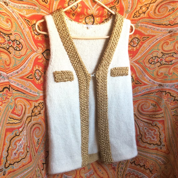 Vintage alpaca wool vest 60s mod gold lurex trim … - image 2