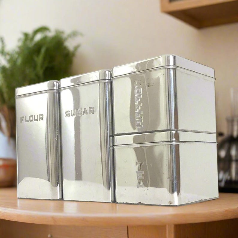 Vintage Kitchen Canisters Set Chrome Metal Beautyware 1950s bild 1