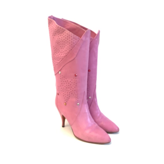Vintage 80s pink perforated rhinestones boots siz… - image 6