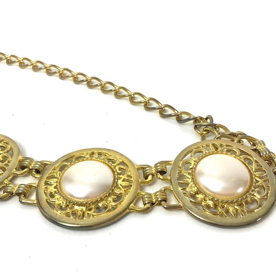 Harwill NY Vintage gold belt faux pearls medallio… - image 3