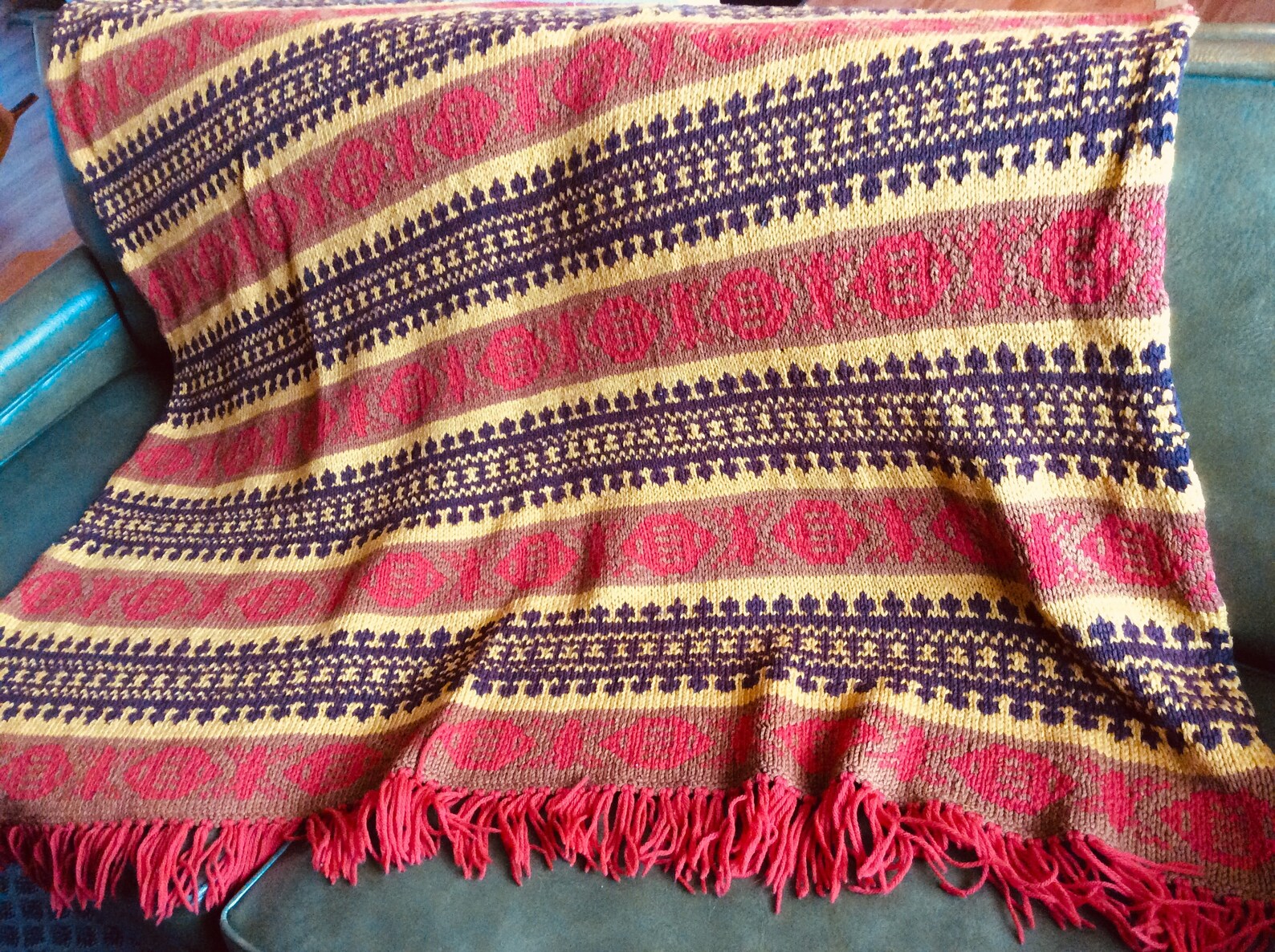 Vintage Hippie Coverlet Throw Blanket 60s Hand Knitted Yellow Orange