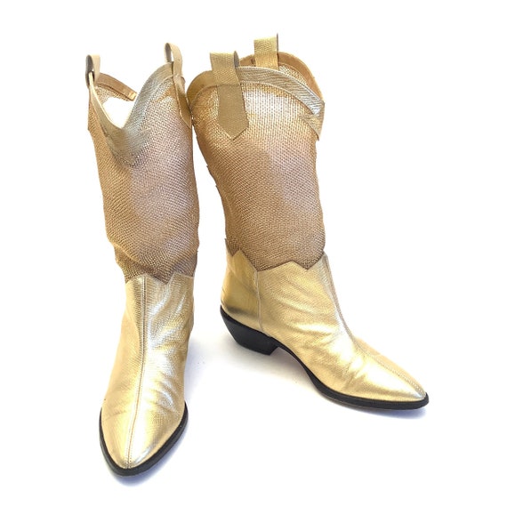 Rare vintage gold tone mesh cowboy boots size 6 f… - image 3