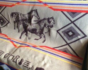 Vintage western southwestern southwest wool blanket horses sofa throw couch bold