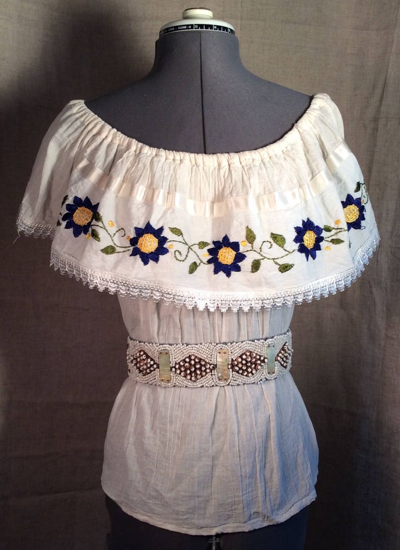 Vintage boho ethnic embroidered flowers peasant cotton blouse image 1