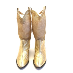 Rare vintage gold tone mesh cowboy boots size 6 funky baroque reptile print 1980 image 6