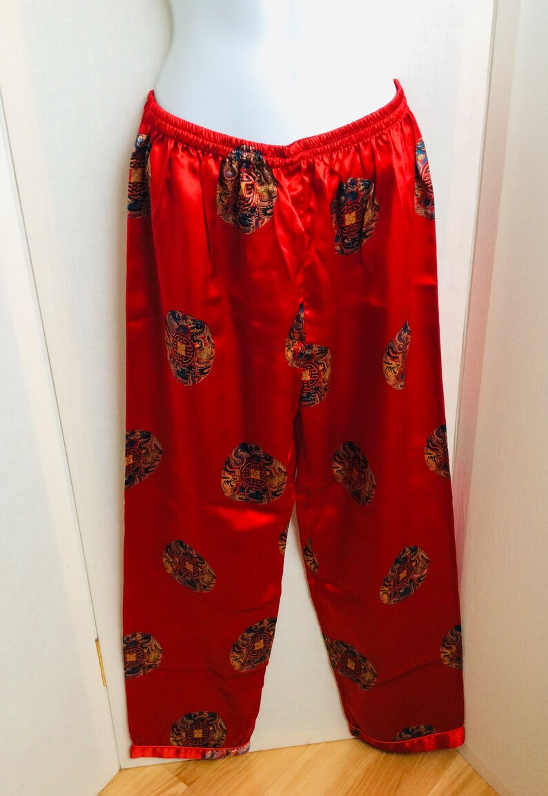 Vintage silk pajamas pants and top button down ruby red size small set gift box 80s image 7