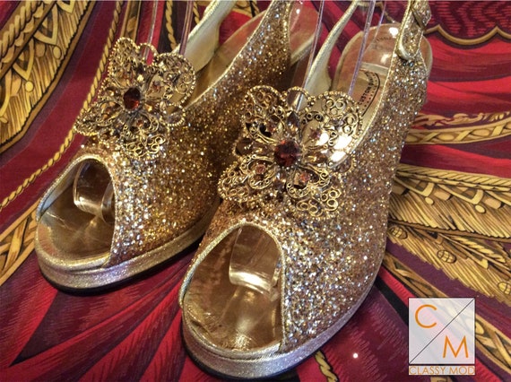 Vintage 50s platform gold glitter 60s heels shoes