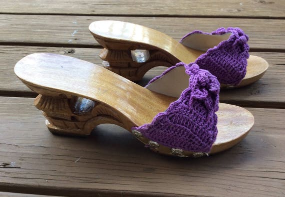 Size 7 Mules Purple Crochet retro sandals wood so… - image 1