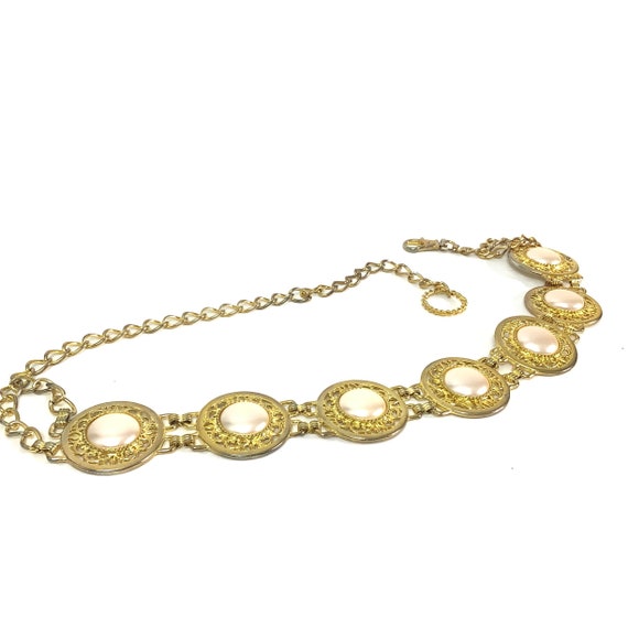 Harwill NY Vintage gold belt faux pearls medallio… - image 5
