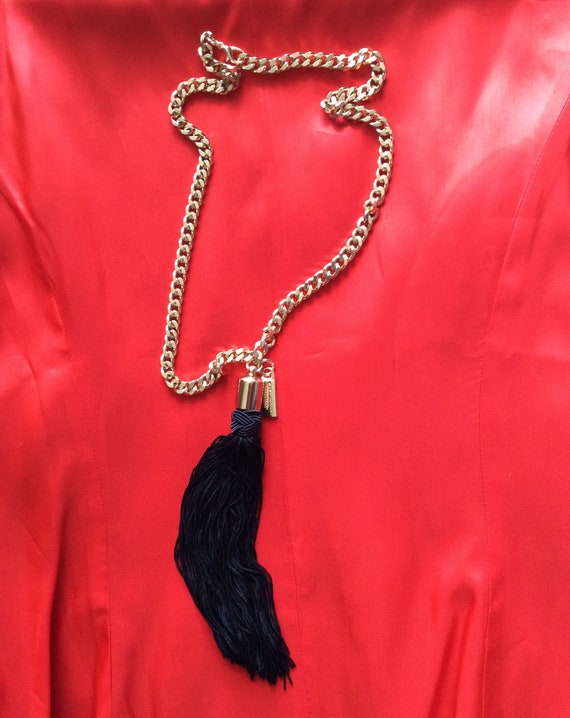 Vintage tassel gold chain long necklace baroque r… - image 1