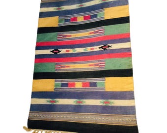Vintage Serape Aztec Area Rug Blue-Multicolor Hand Woven Wool 1940s