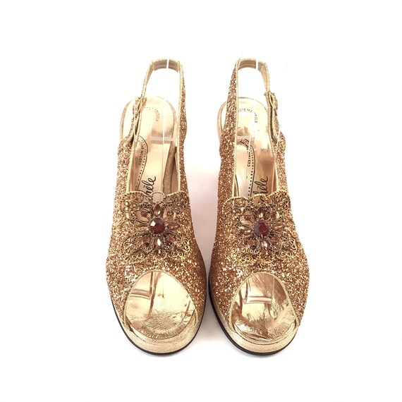Vintage 50s platform gold glitter 60s heels shoes… - image 6