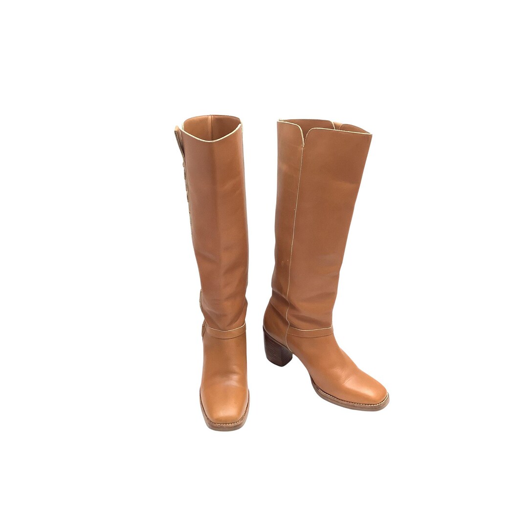 Vintage 70s Tall Boots Chunky Heels Tan Leather Women's Size 8 Braid ...