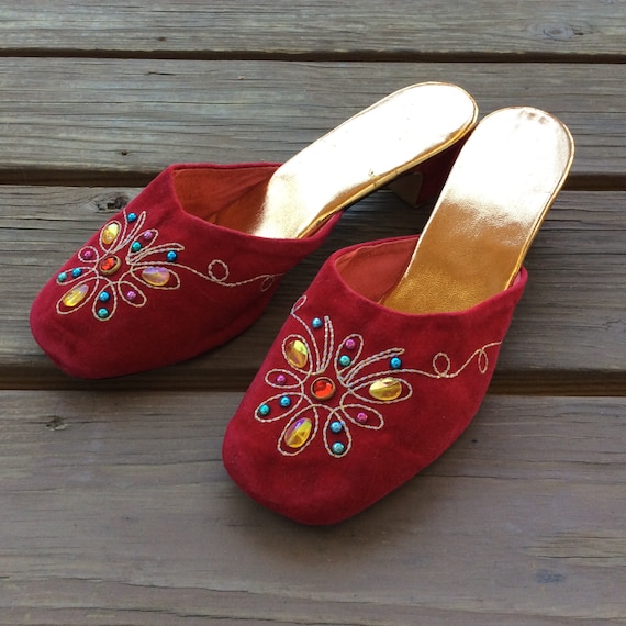 Red velvet vintage slippers size 7 to 7.5 bejewel… - image 1