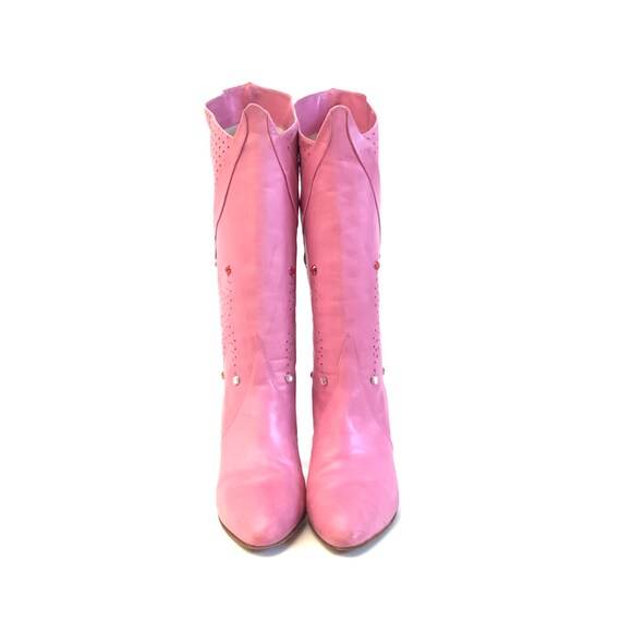 Vintage 80s pink perforated rhinestones boots siz… - image 8
