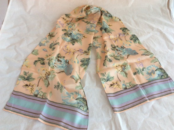 Vintage rectangular silk scarf floral pastel colo… - image 1