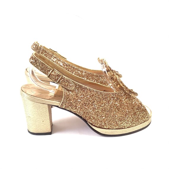 Vintage 50s platform gold glitter 60s heels shoes… - image 5