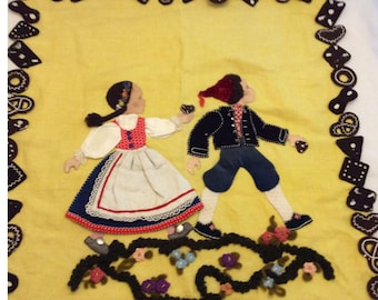 Antique Linen Wall Tapestry Jack & Jill Storybook Children Theme