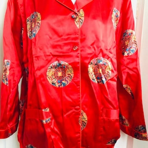 Vintage silk pajamas pants and top button down ruby red size small set gift box 80s image 4