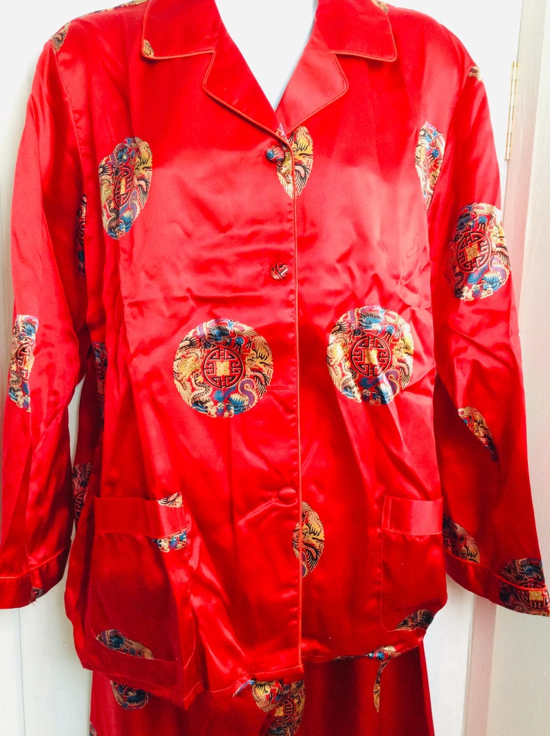 Vintage silk pajamas pants and top button down ruby red size small set gift box 80s image 4