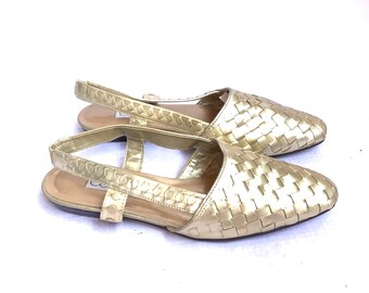 Woven leather gold flat shoes 80s size 7.5 mod funky punk