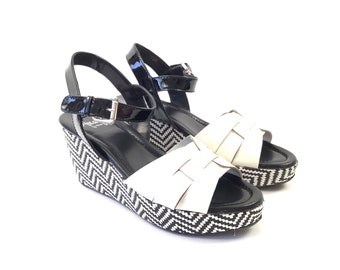 Size 7.5 Platform sandals woven leather black and white designer ethnic tribal style