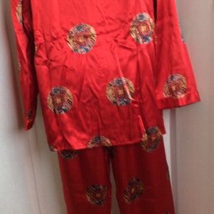 Vintage silk pajamas pants and top button down ruby red size small set gift box 80s image 6