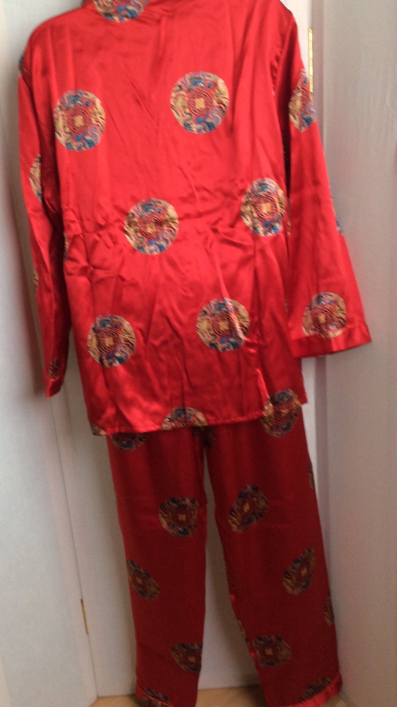 Vintage silk pajamas pants and top button down ruby red size small set gift box 80s image 6