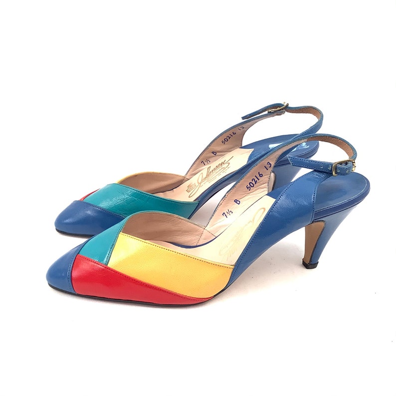 Color block pumps Johansen Leather shoes Multi Color Vintage Size 7.5 New Old Stock image 3