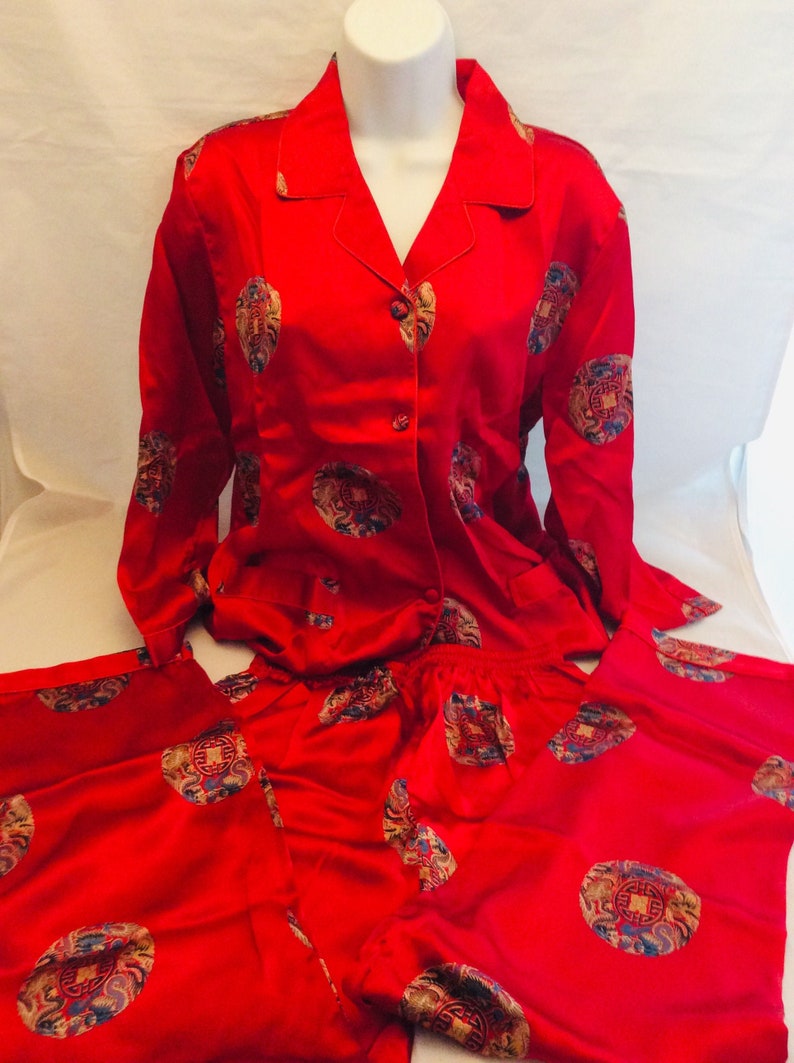 Vintage silk pajamas pants and top button down ruby red size small set gift box 80s image 1