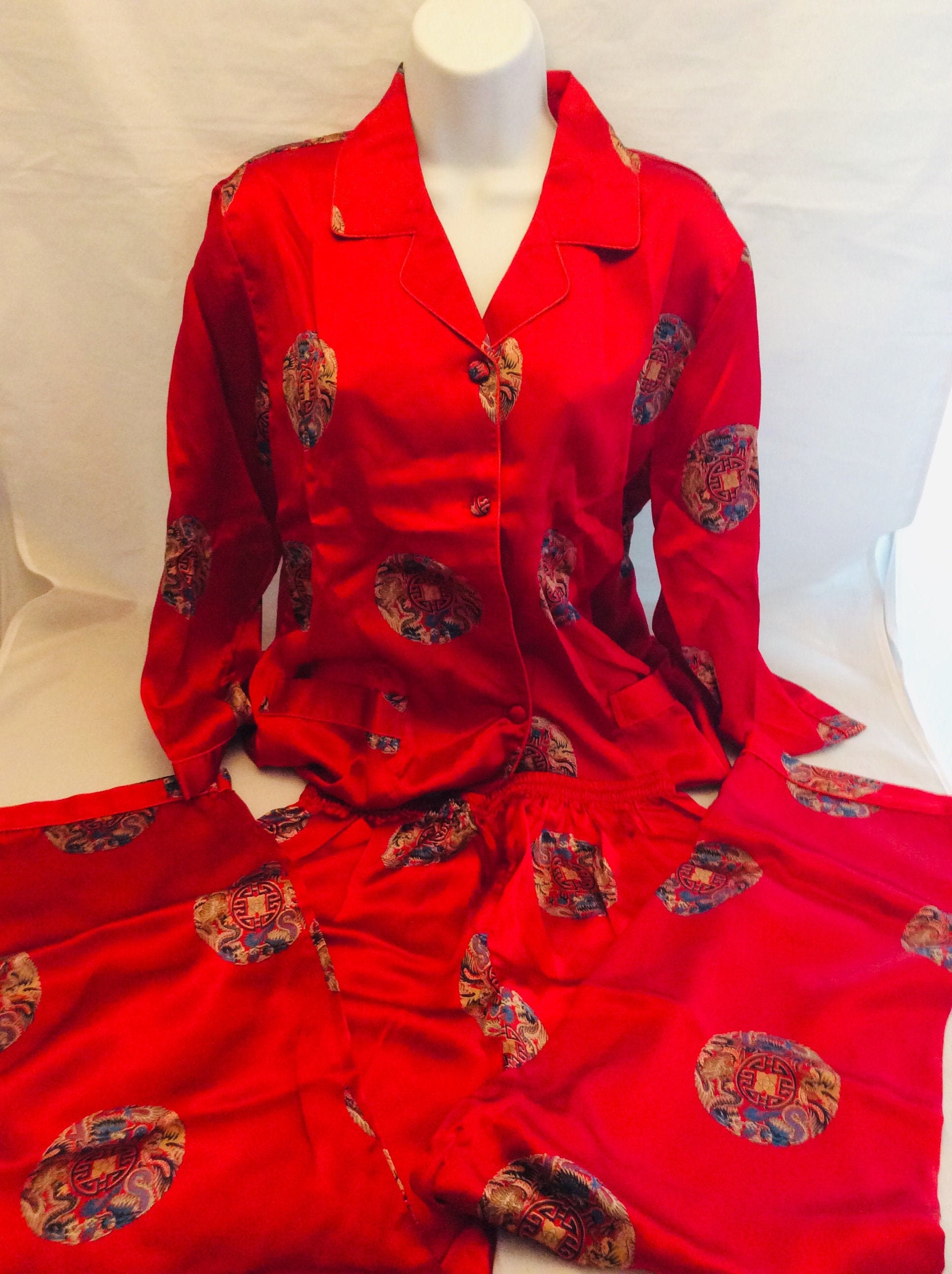Vintage Silk Pajamas Pants and Top Button Down Ruby Red Size - Etsy Sweden