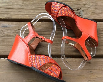 Rare orange multi color wedge sandals yellow blue size 7.5 all leather Funky 70s 1970