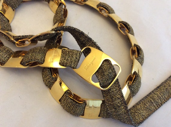 Olive green Ferragamo belt gold tone links metalli