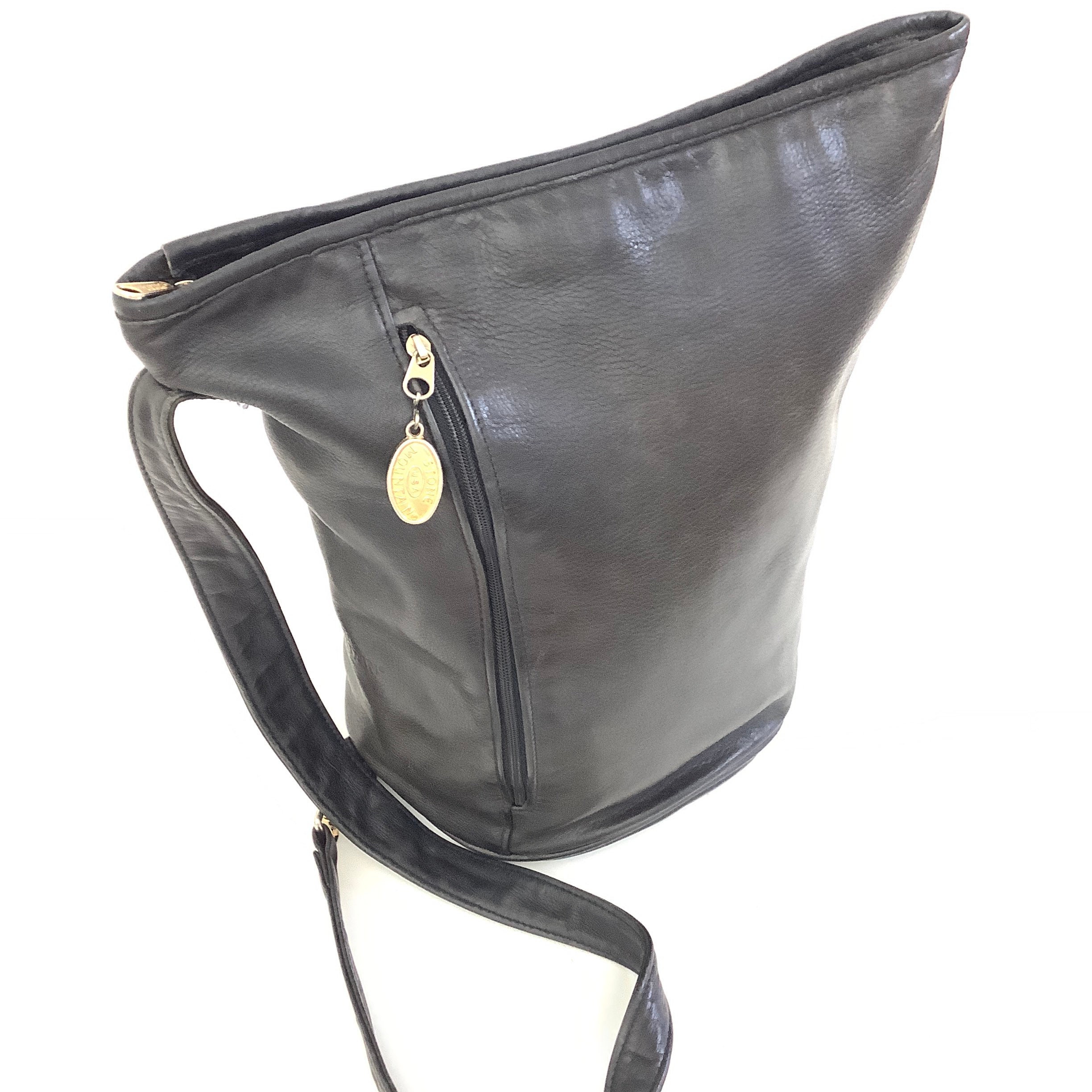 VTG DISSONA Large Black Brown Pebbled Leather Hobo Shoulder Bucket Bag Purse