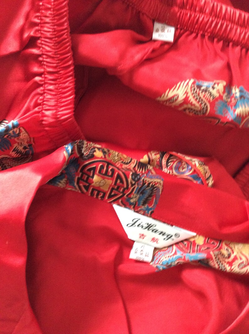 Vintage silk pajamas pants and top button down ruby red size small set gift box 80s image 8